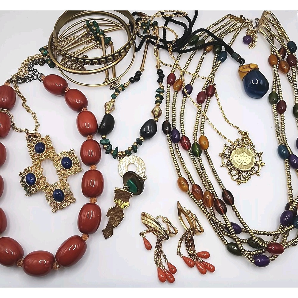 Vintage Chunky Funky Fun Boho Gold Tone Bead Jewelry Lot  Mixed Material Gift